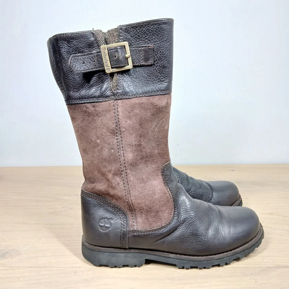 Timberland Boots Girls 3 Brown Leather Buckle Mid Calf Rugged Outdoor Casual